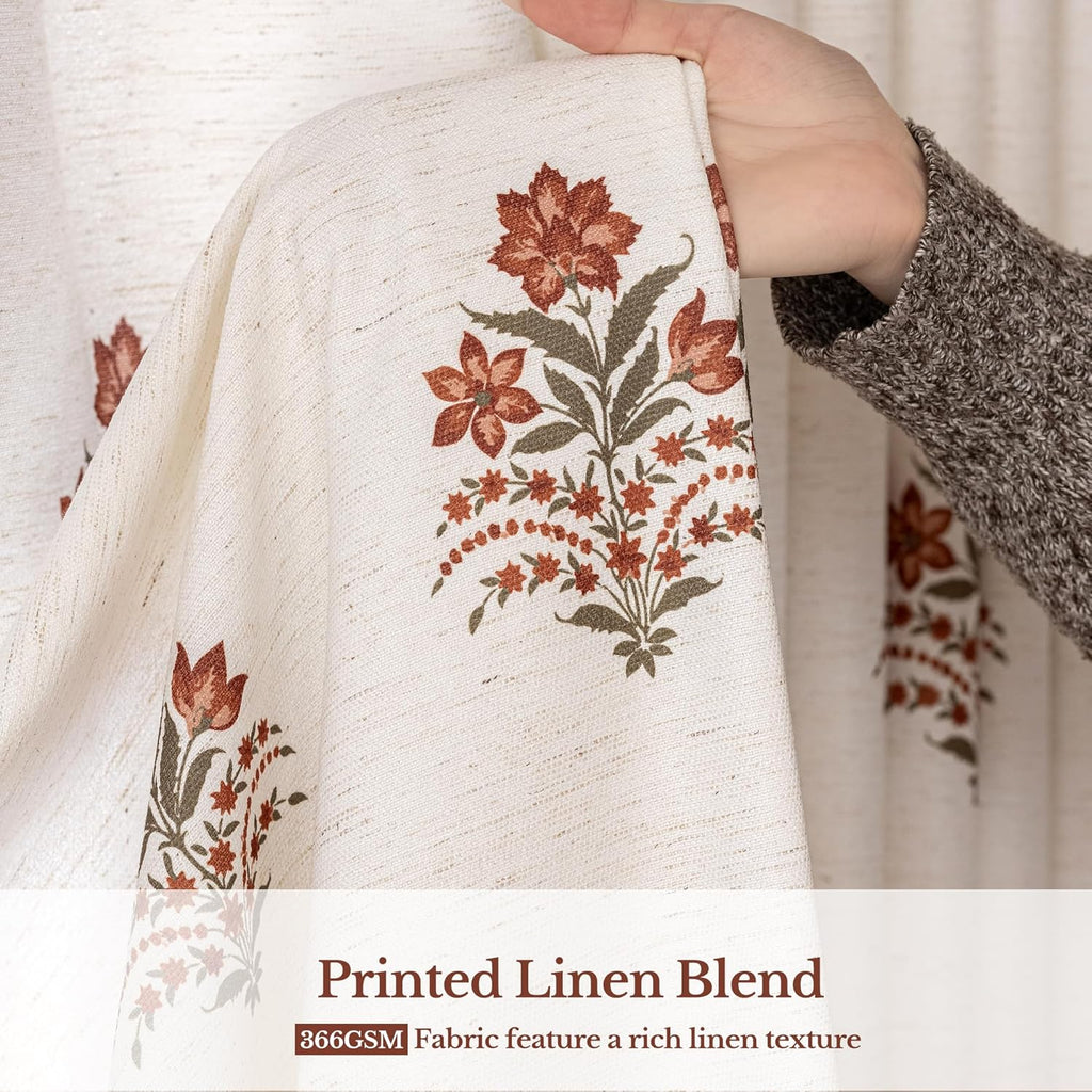 Pinch Pleated Curtains for Living Room: Light Filtering Floral Curtains 95" White Brown Linen Blend Drapes for