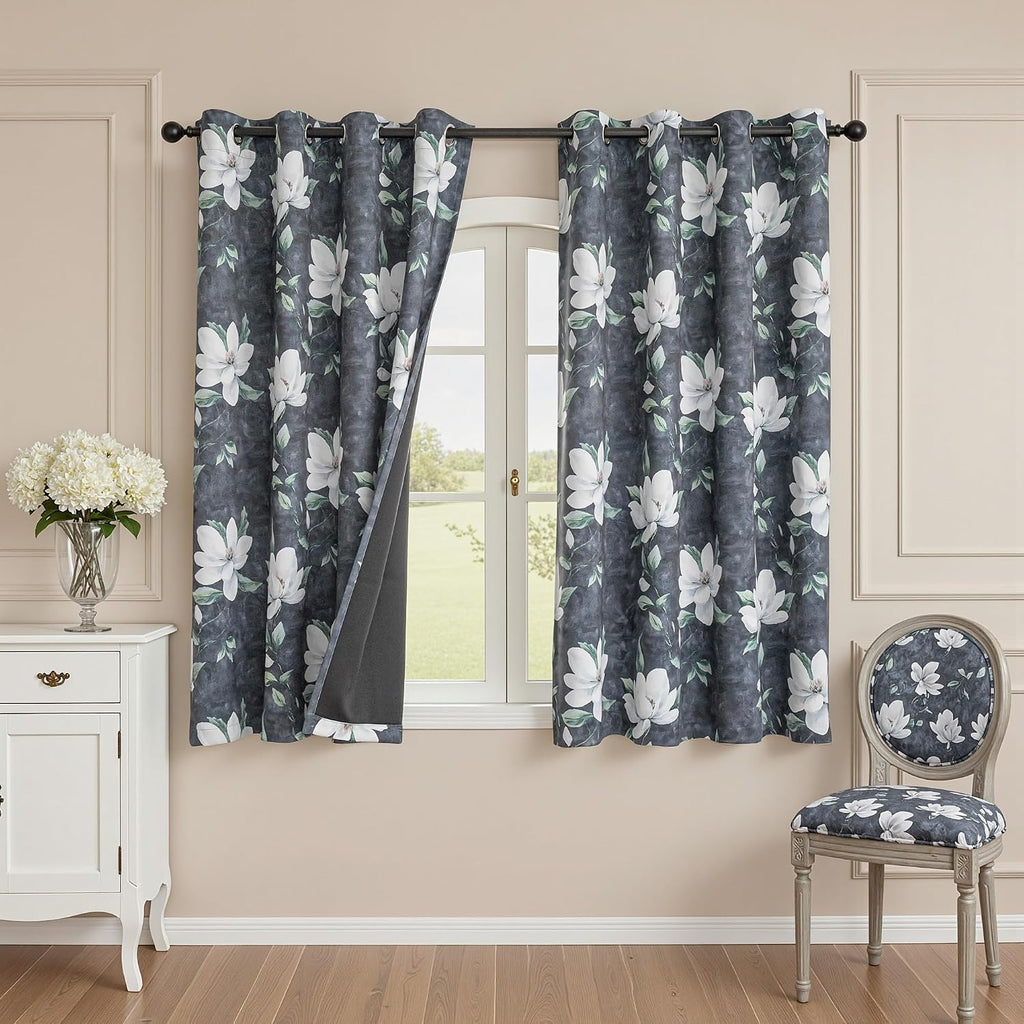 Floral 95% Blackout Curtains 84 Inch Length 2 Panels Light Grey