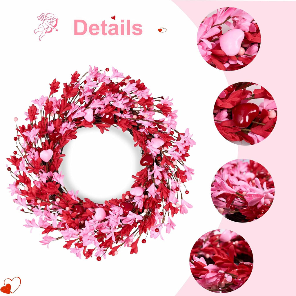 Valentine's Day Wreath 22 Inch Valentines Day Wreaths for Front Door Pink Floral Wreath with Red Love Heart Berries