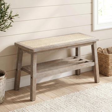 30 Inch Rattan Bench Wooden Entryway Bench with Shoe Rack