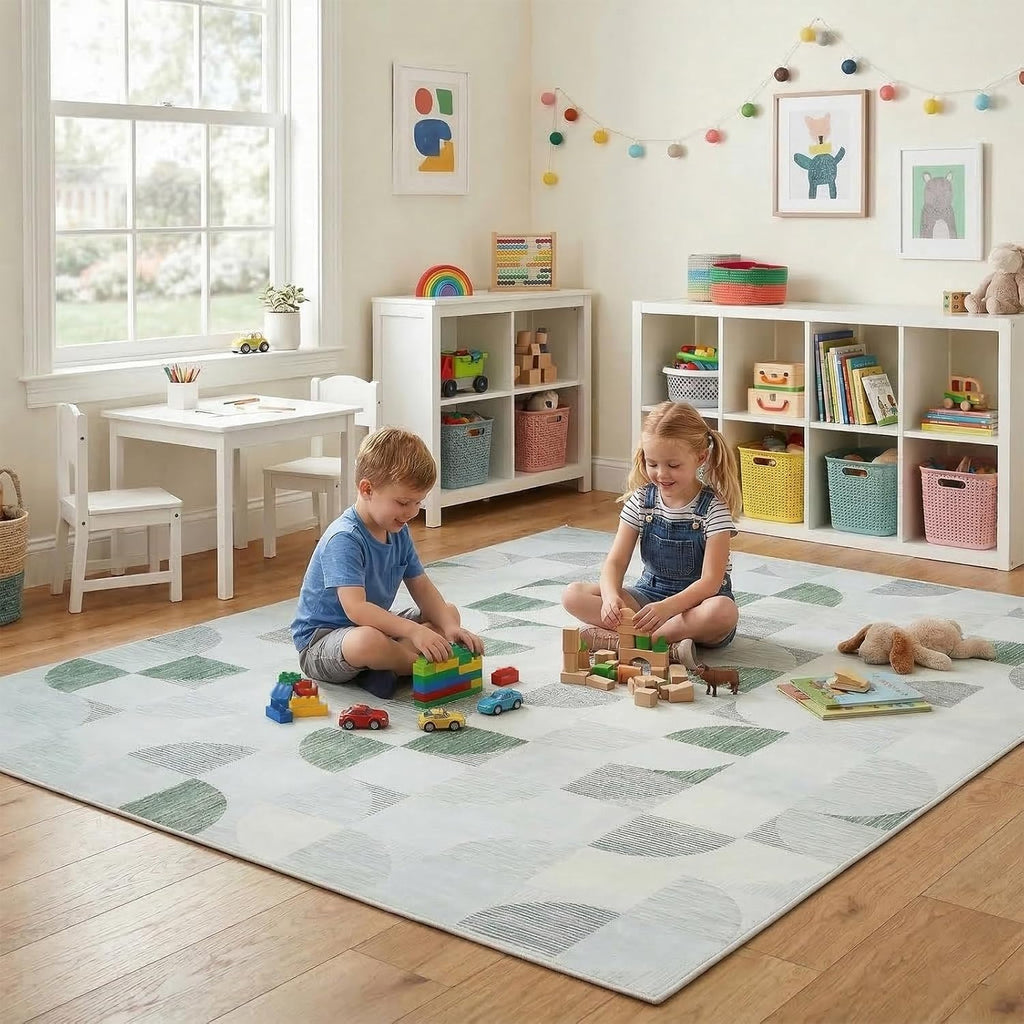 Green Modern Geometric Area Rugs Checkered Rug Soft, Machine Washable Stain Resistant Rugs Lightweight Low Pile