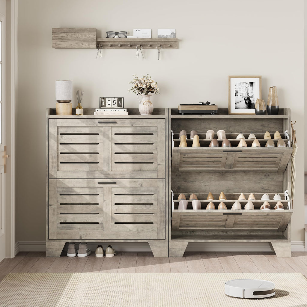 Shoe Cabinet Storage, Narrow Shoe Cabinet with 2 Flip Drawers, Freestanding Hidden Slim Shoe Organizer Cabinet with