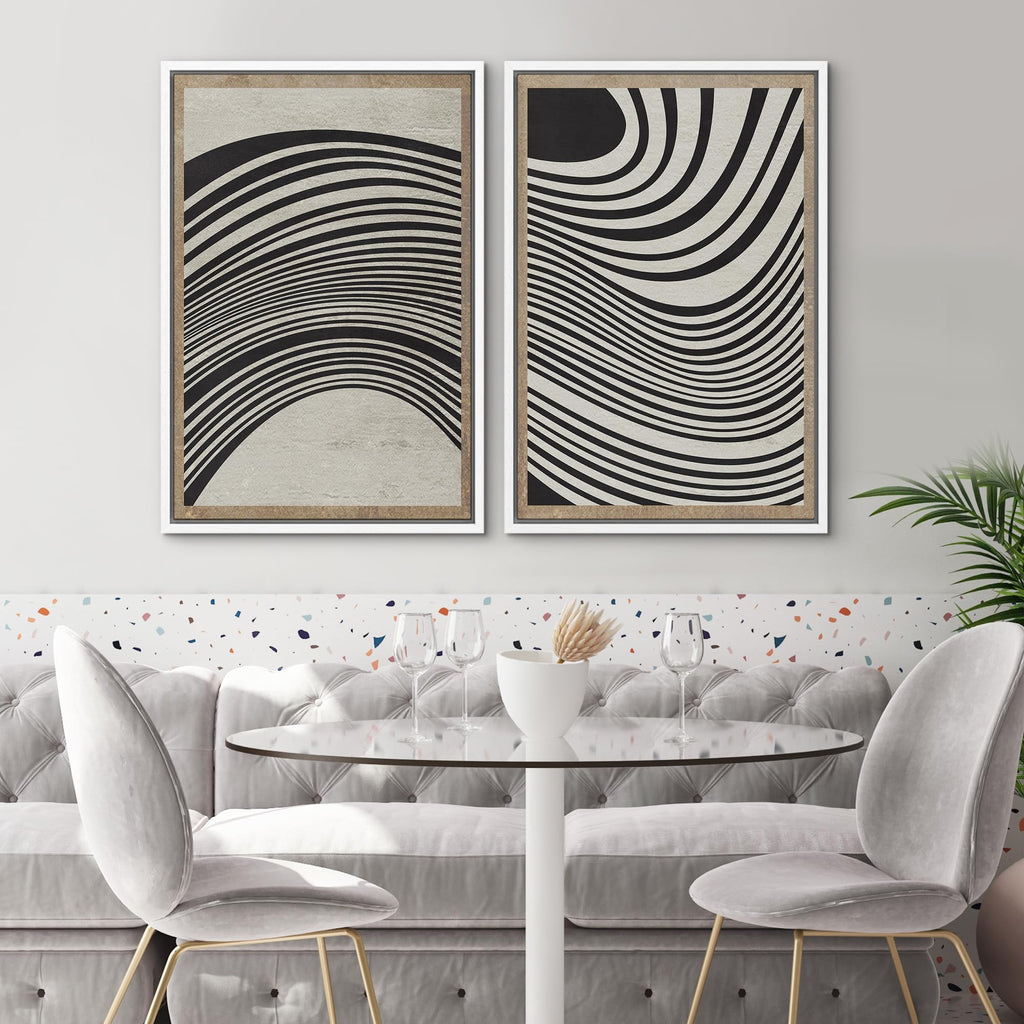 Framed Canvas Print Wall Art Set Mid-Century Spiral Wave Collage Abstract Shapes Cozy Neutral Minimal Decorative