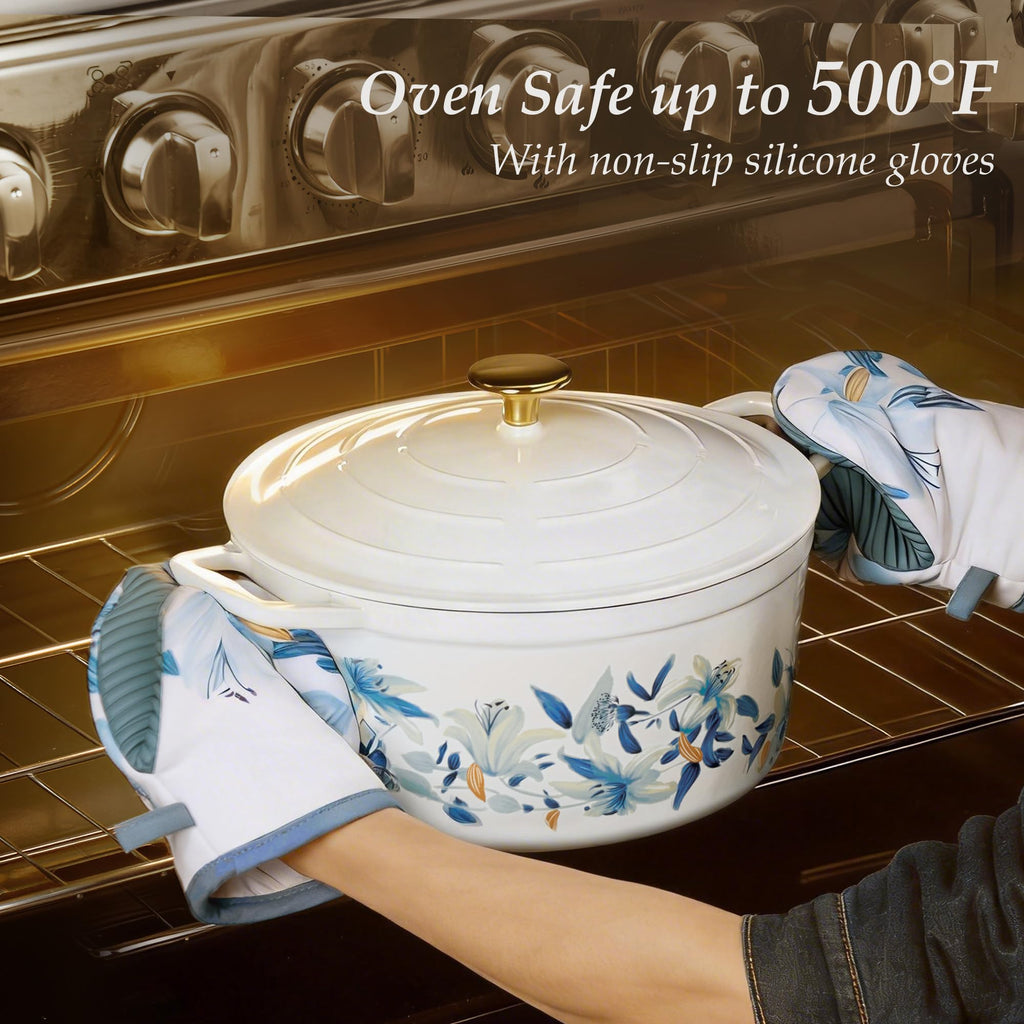 7QT Enameled Cast Iron Dutch Oven Pot with Lid, White & Blue