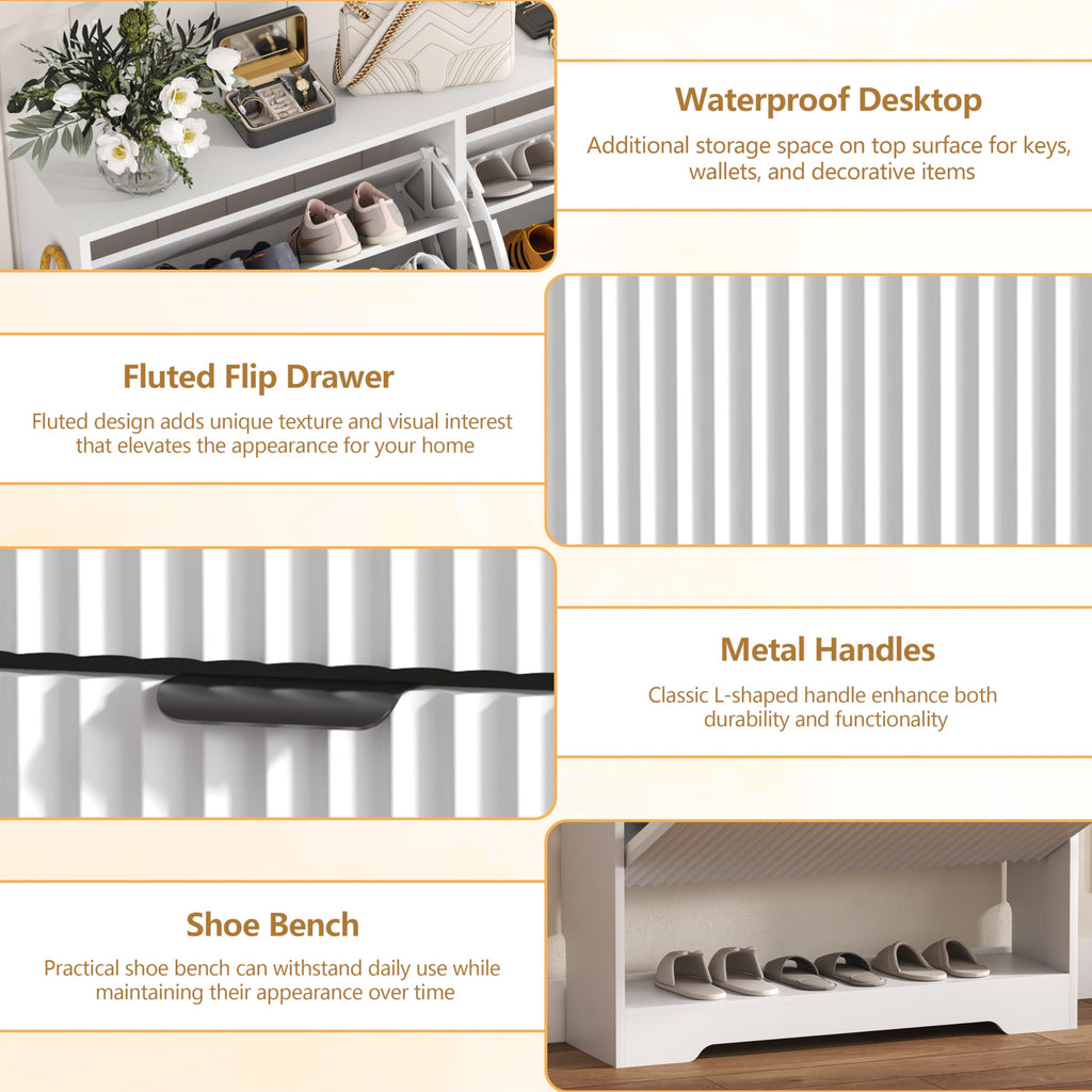 Shoe Cabinet Storage with 2 Flip Drawers, White Fluted Shoe Cabinet with Open Storage, Wooden Hidden Shoe Rack