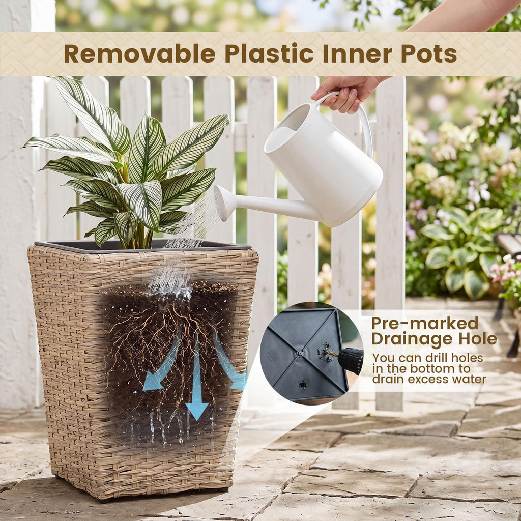 3-Piece Rattan Planter Box Kit, Wicker Planters with Removable Plastic Liners for Indoor & Outdoor Plants
