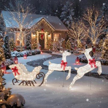 3-Piece Christmas Lighted Reindeer & Sleigh Set, Cold White