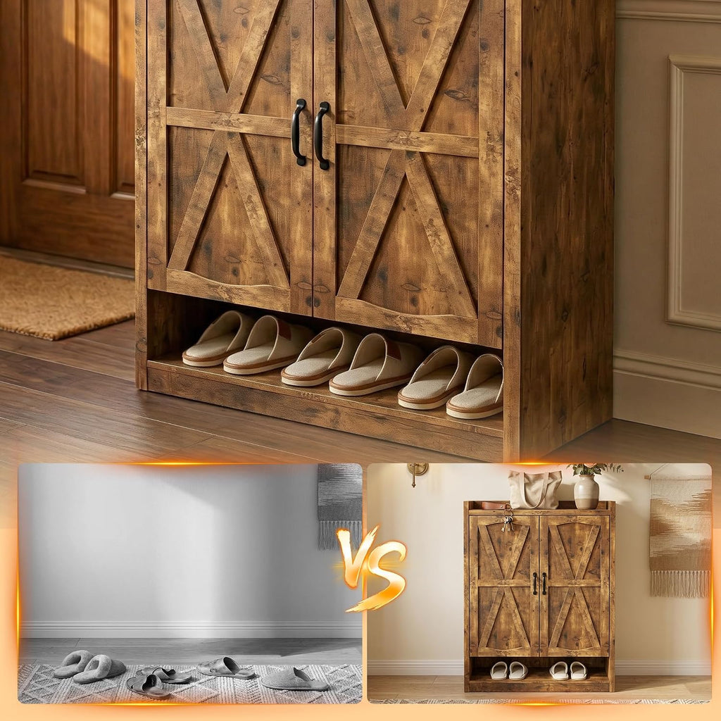 5-Tier Shoe Cabinet with Doors, Adjustable & Removable Shelves, Wooden Farmhouse Shoe Storage Organizer, Entryway