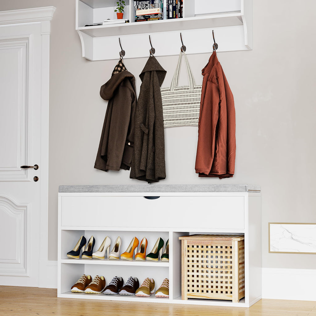 Shoe Storage Bench with Cushion, Entryway Bench with Lift-Top Storage Box and 2 Tiers Open Shoe Rack, Wooden Shoe