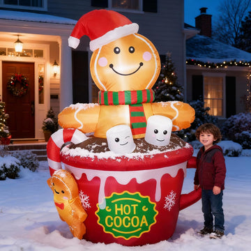 6 FT Christmas Inflatables Outdoor Decorations, Cute Christmas Blow Up Yard Decorations Gingerbread Man in Hot Cocoa