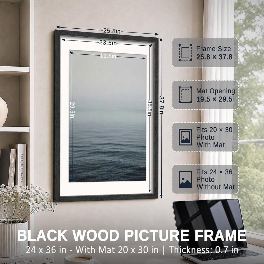 24x36 Frame 5 Pack, Black Solid Wood 20x30 Mat, for Picture | Wide Border, Acid-Free Mat, 24x36 Poster Frame, Wall
