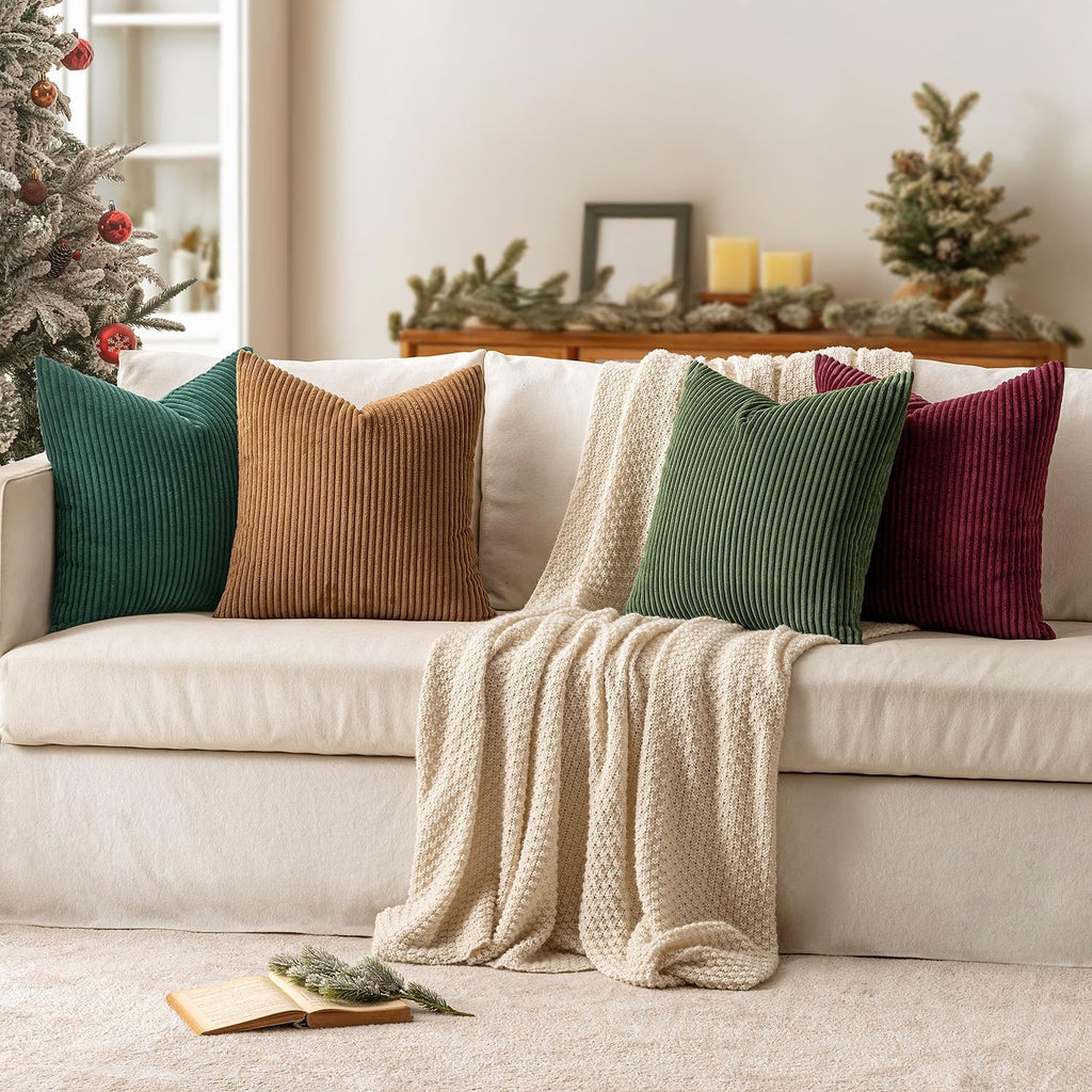 Soft Corduroy Decorative Throw Pillow Covers Christmas Green 20x20 - Set of 4