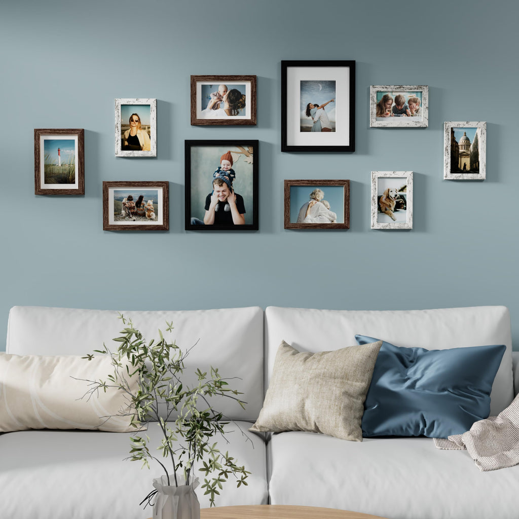 10 Pack Gallery Wall Frame Set, Black, Brown, Distressed White