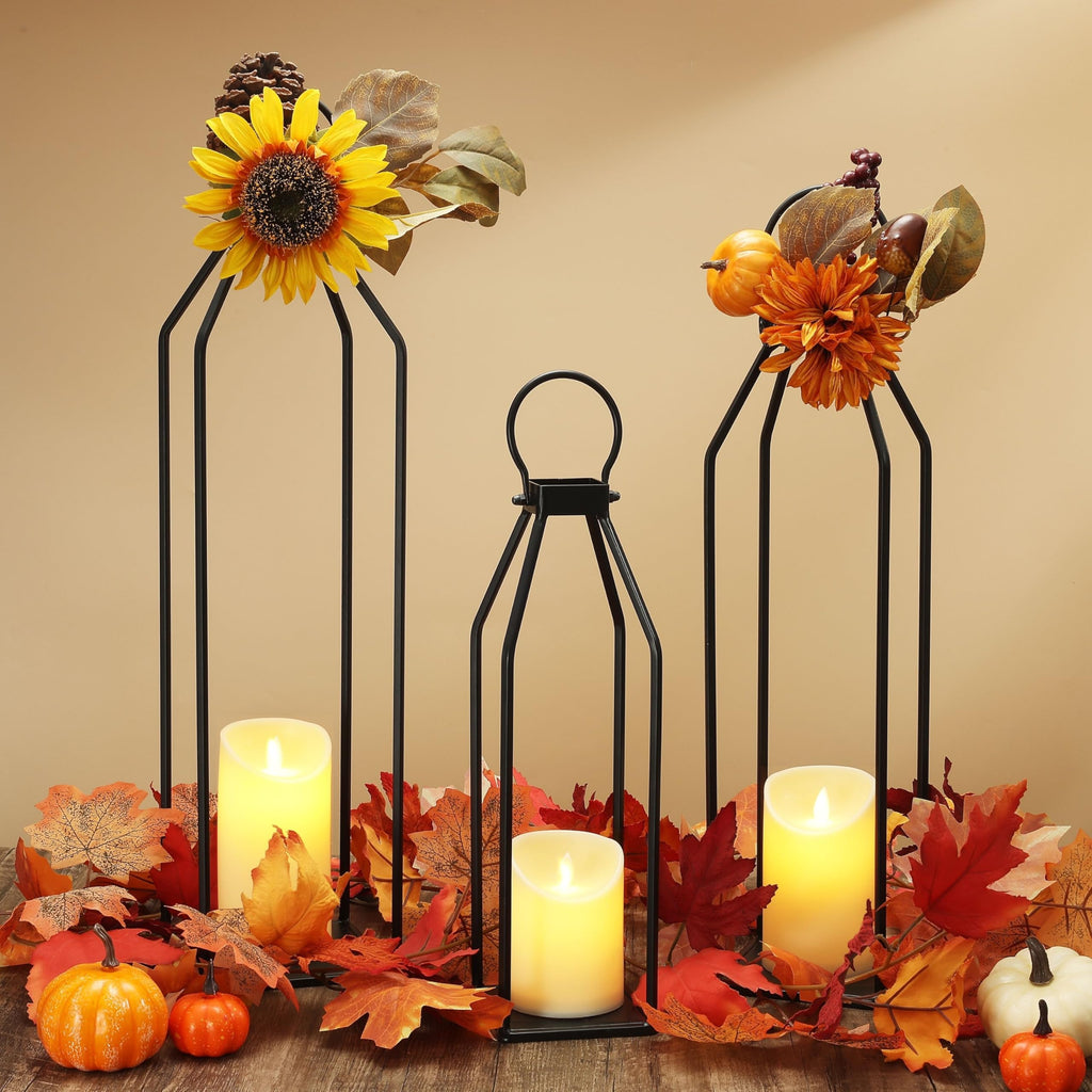 Modern Farmhouse Lanterns, Set of 3 Black Metal Lanterns w/ 6hr Timer Flickering Flameless Candles, Decorative for