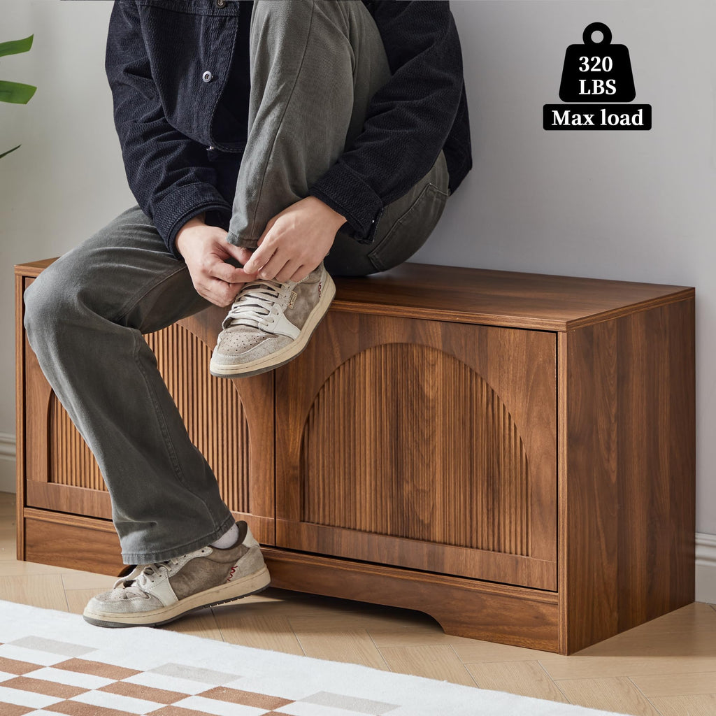 39.4" Fluted 2 Tier Shoe Storage Bench with Shelf