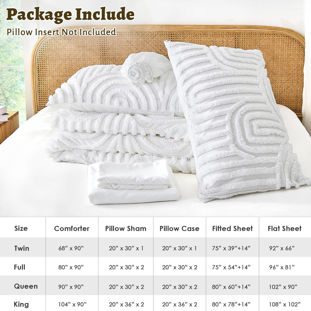 Boho Tufted Comforter Set, 7 Pieces White Bedding Sets