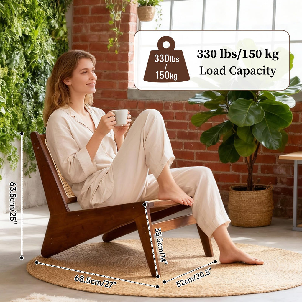 Rattan Accent Chair, Compact Low-Profile Bamboo Chair in Walnut