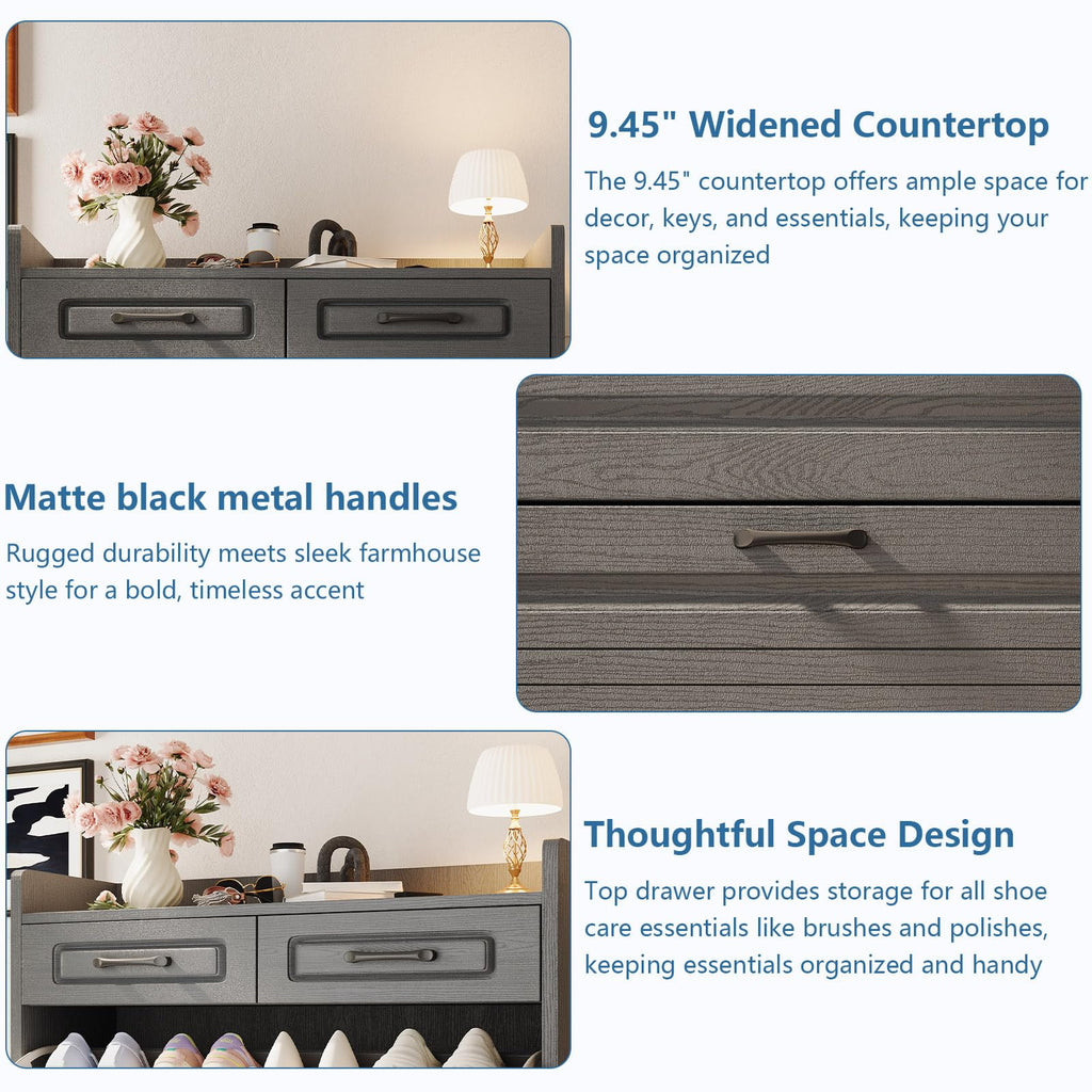 31.5" W Shoe Cabinet, Hidden Wood Shoe Cabinet with 2 Storage Drawers & 3 Flip Drawers, Narrow Freestanding Shoe