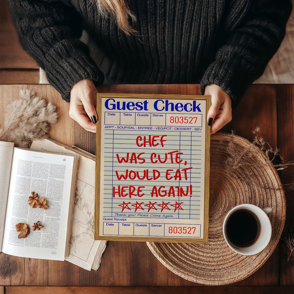 Framed Kitchen Wall Art, Retro Chef Was Cute Would Eat Here Again Pictures Wall Decor, Funky Guest Check Poster