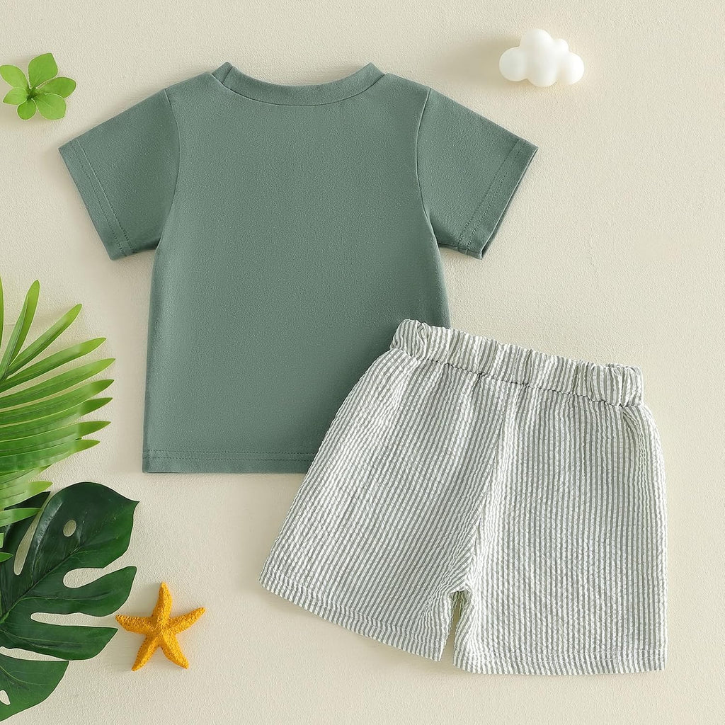 2PCS Summer Outfit Toddler Baby Boy Sailboat/Helicopter/Fish Short Sleeve T-Shirt Plaid Shorts Set