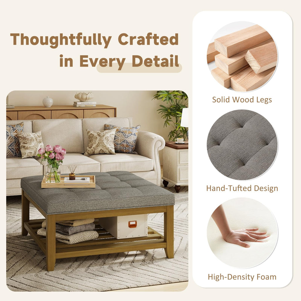 Ottoman with Storage Bench, Linen Ottoman Coffee Table, Granite