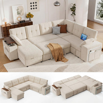 112" Modular Sectional Sleeper Sofa with Pull Out Bed, Chenille Modern 7 Seat L Shaped Couch with Reclining