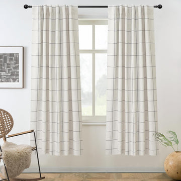 100% Blackout Plaid Linen Curtains 96 Inches Long 2 Panels Gray