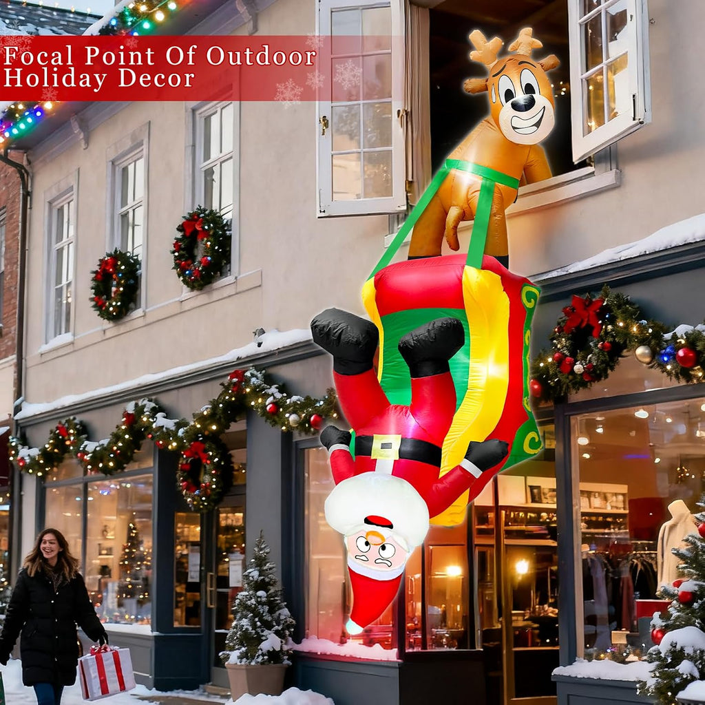 8.5 Ft Hanging Christmas Inflatable Outdoor Decoration, Blow Up Reindeer Pulling Santa Claus on Sleigh Built-in LED