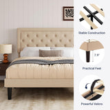 Queen Button Tufted/Fabric Upholstered Bed Frame with Adjustable Headboard/Wood Slat Support/Mattress Foundation/Beige