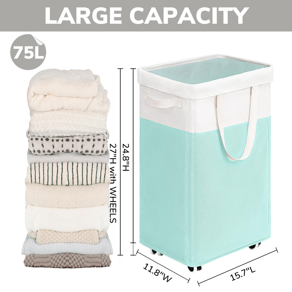 Laundry Basket with Wheels, 75L Laundry Hamper with Wheels, Large Laundry Basket with Removable Wash Bag, Clothes