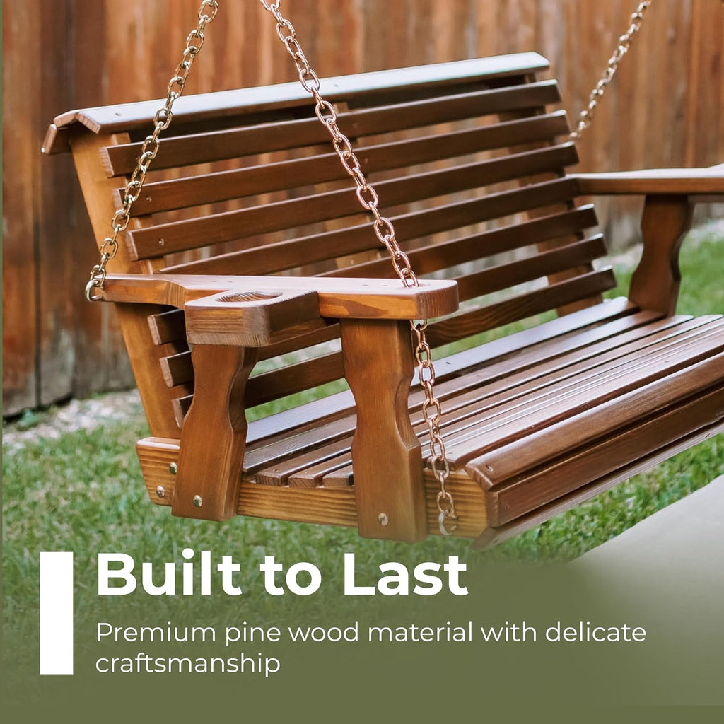 Casual Heavy Duty 700 Lb Capacity Porch Swing with Cup Holders (5 Foot, Cedar Stain) - Wooden Outdoor Roll Back Swing