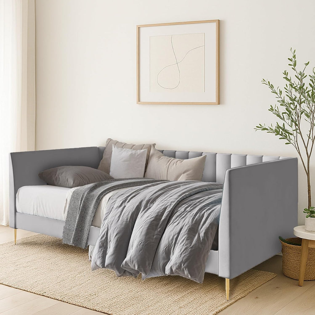 Delano Twin Velvet Channel Tufted Daybed, Silver Gray | Daybed Frame, Vertical Channel Tufting, Velvet Upholstery