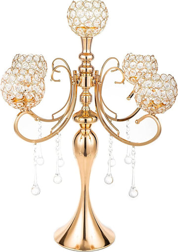 5 Arms Gold Candelabra Centerpiece 26 Inches Tall Chandelier Crystal Beaded Candle Holders for Table Centerpiece