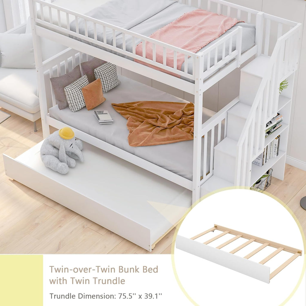 Twin Over Twin Bunk Bed with Trundle, Storage Staircase and Full Length Guardrail, Solid Wood Stairway Bunk Bed