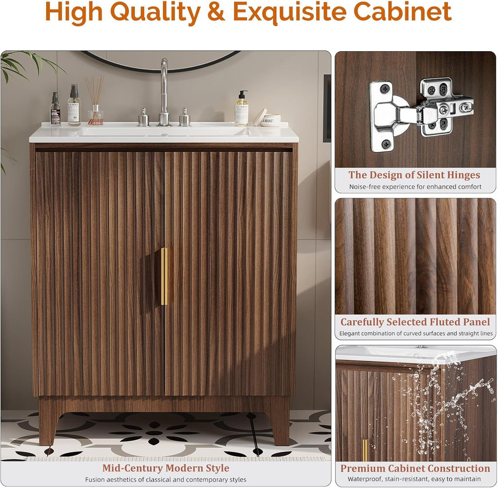 30 Inch Bathroom Vanity with Sink, Mid-Century Modern Vanity with Ceramic Basin and Fluted Soft-Close Doors