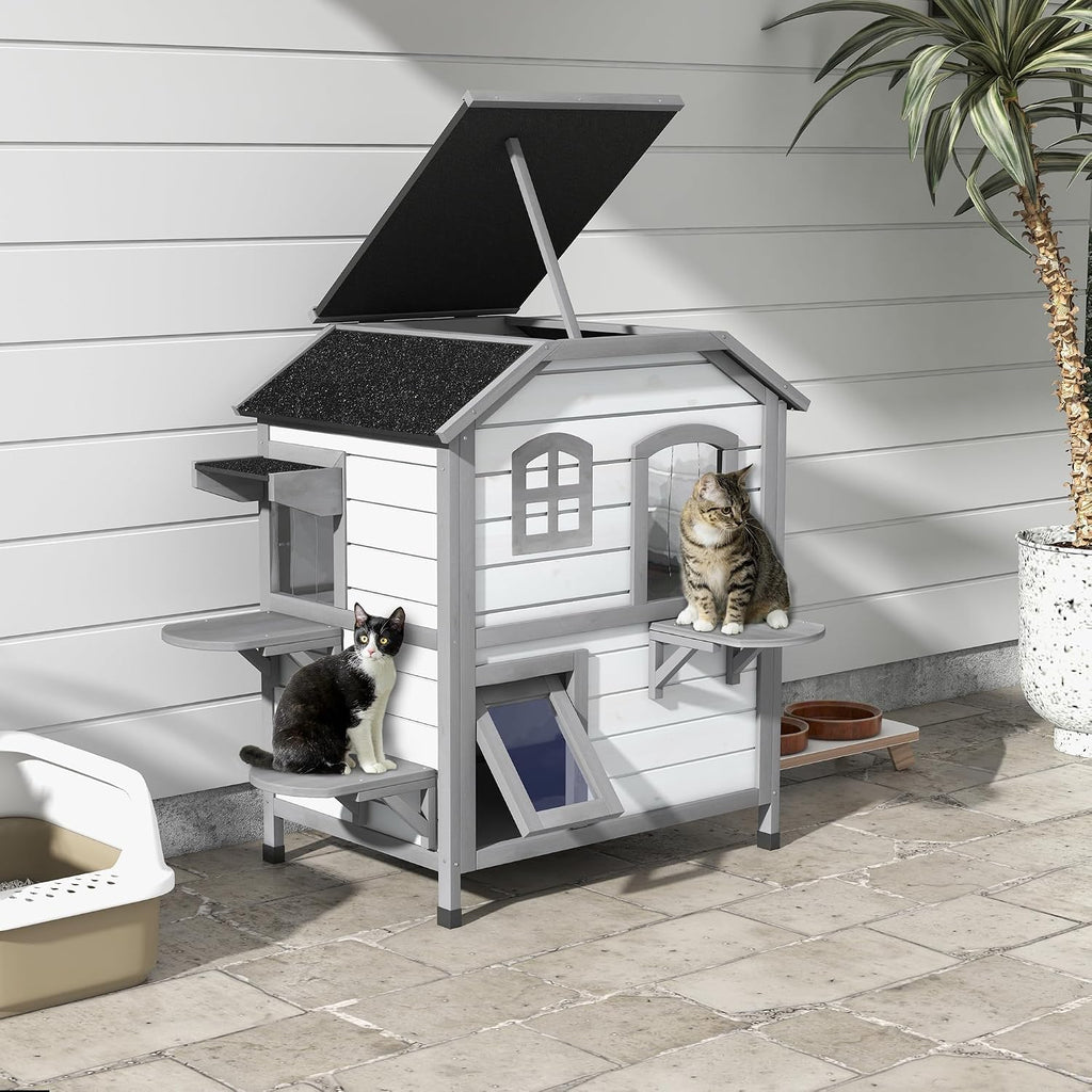 2-Story Cat House Outdoor, Weatherproof Wooden Cat Enclosure for Feral Cats with Escape Door, Openable Roof, Jumping