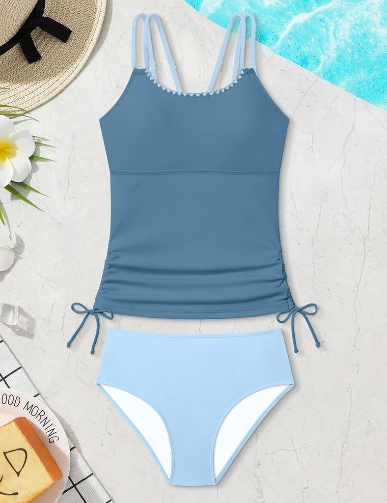 Girls Swimsuit 2 Piece Girls Tankini Swimsuit Back Cutout Drawstring Bathing Suit Printed Swimwear