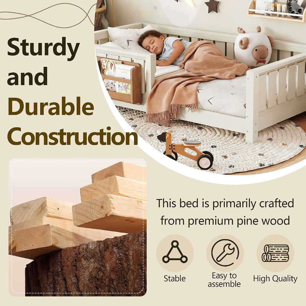 Kids Montessori Floor Bed Frame with Bookshelf and Guardrail, Solid Wood Floor Bed Frame with Slats for