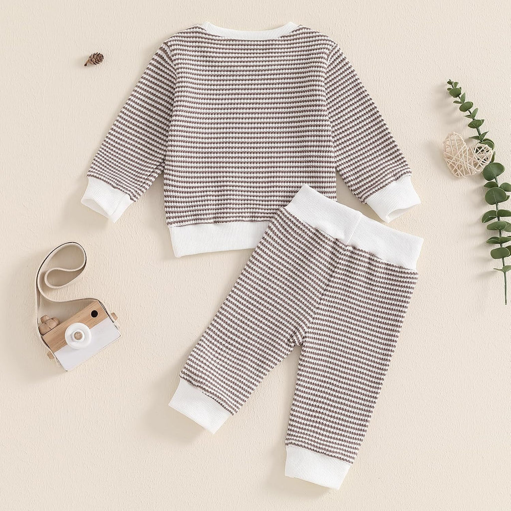 Fall Winter Toddler Baby Boy Outfit Waffle Knit Long Sleeve Sweatshirt Pullover Tops and Pants Set
