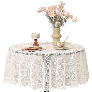 Round Lace Tablecloth Floral Design, French Vintage Scalloped Edge Embroidery Table Cloth for Wedding, Dinner