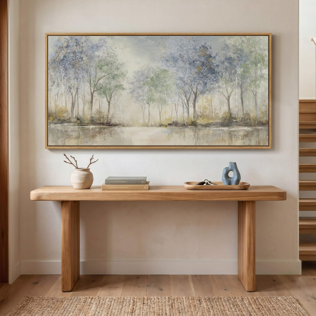 Framed Abstract Neutral Forest Landscape Wall Art, 60x30 In