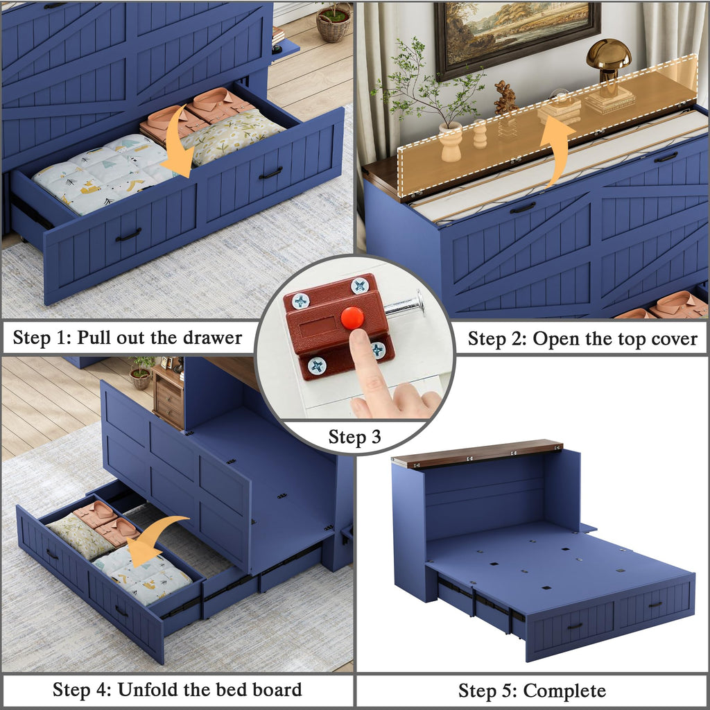 Queen Murphy Bed with Charging Station, Farmhouse Noisy-Free Foldable Cabinet Bed Frame with Storage Drawer, Space