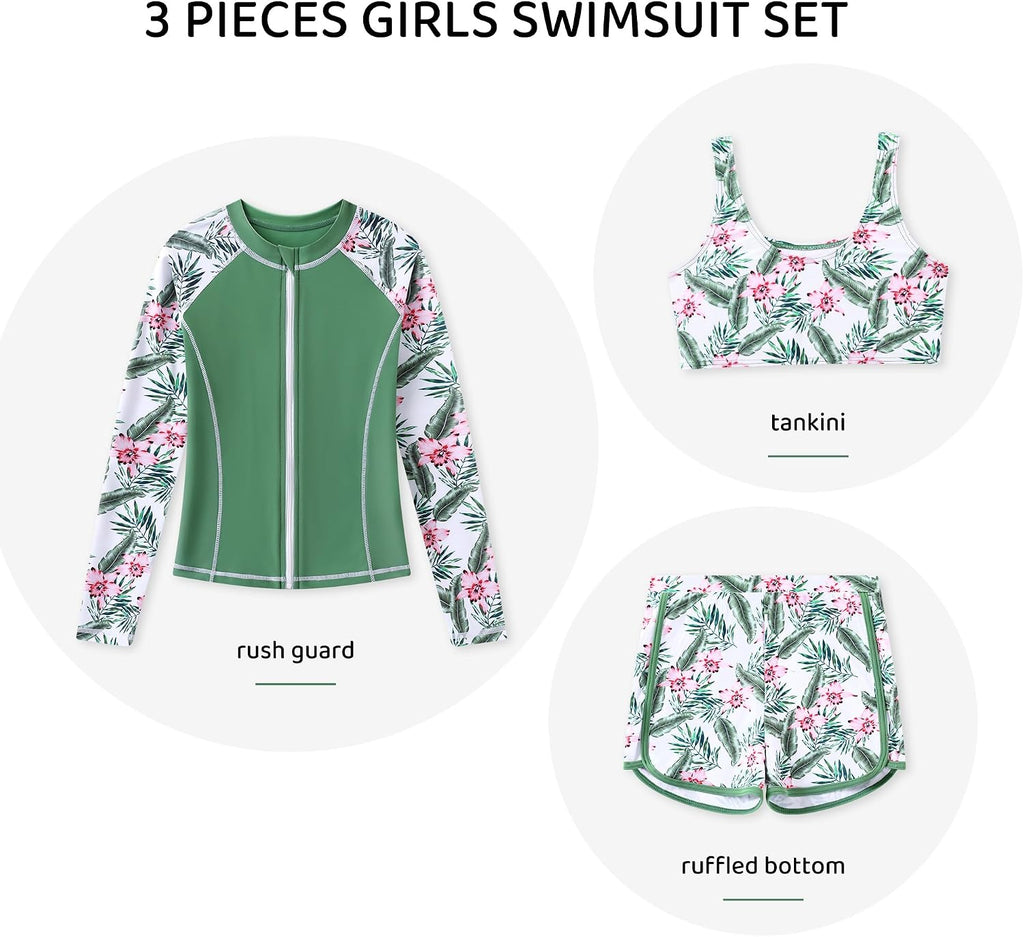 Girls 3 Piece Swimsuit Long Sleeve Rash Guard Zipper Bathing Suit UPF 50+ Summer Swimwear for Girl