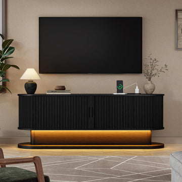 60" Fluted TV Stand with Power Outlet for TVs up to 65", Mid Century Modern TV Console with LED Lights and