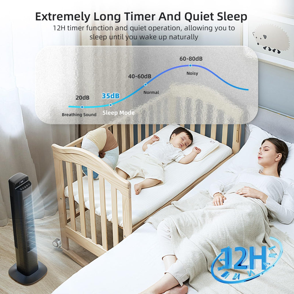 Portable Bladeless Tower Fan, 80° Oscillating Design, Remote Control Included, 5 Speeds & 3 Modes, Quiet Cooling