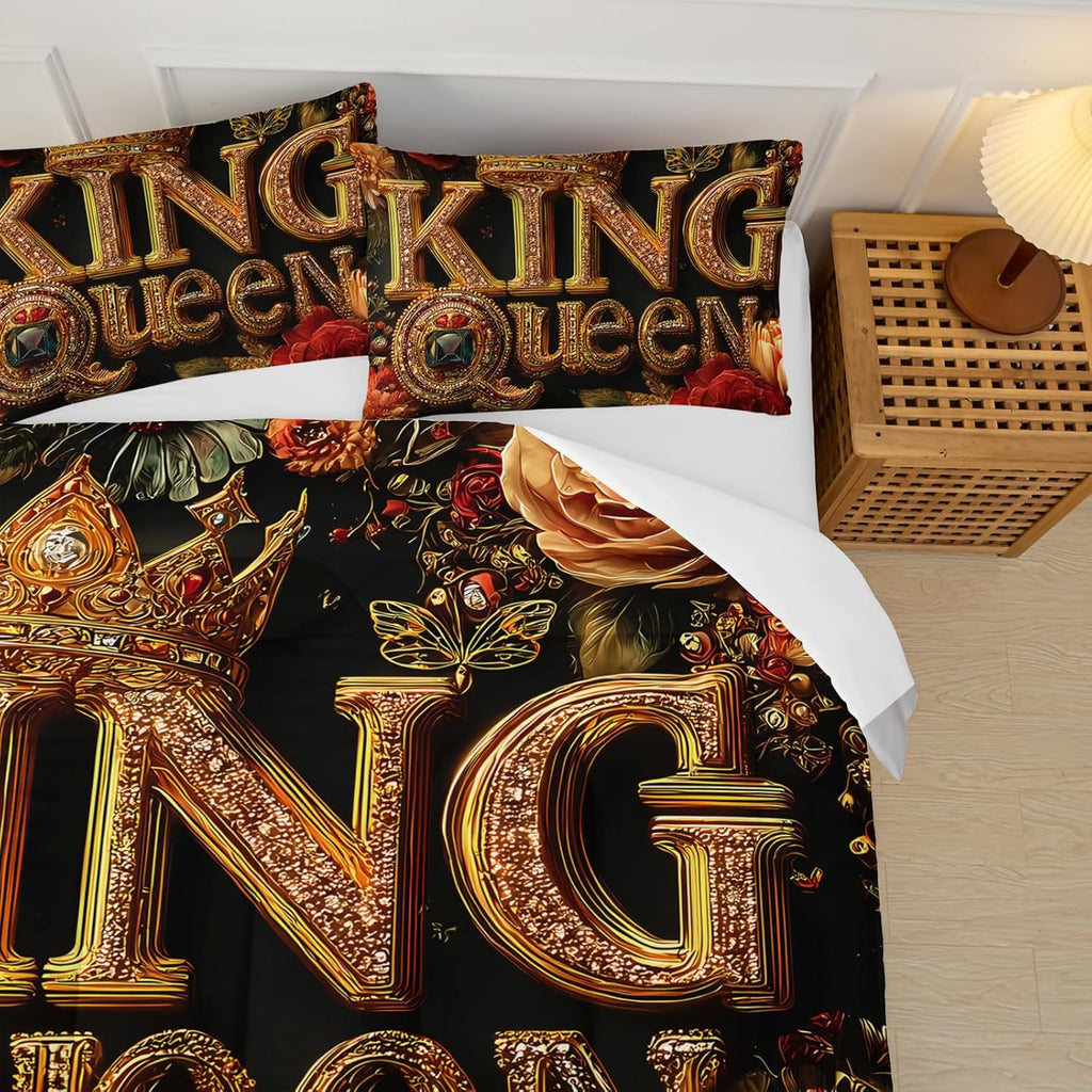 King and Queen Comforter Set Black and Gold，King and Queen Bedding Set，Red Floral Quilt Set Queen，with 1 Comforter