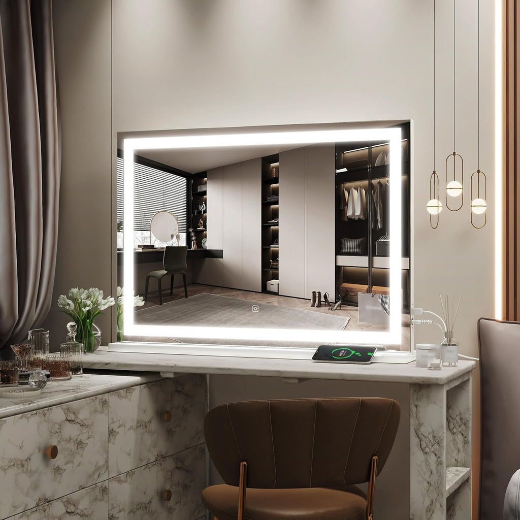 Vanity Mirror with Lights, 32" x 22" Large Lighted Vanity Mirror with Dimmable 3 Modes, LED Makeup Mirror, USB