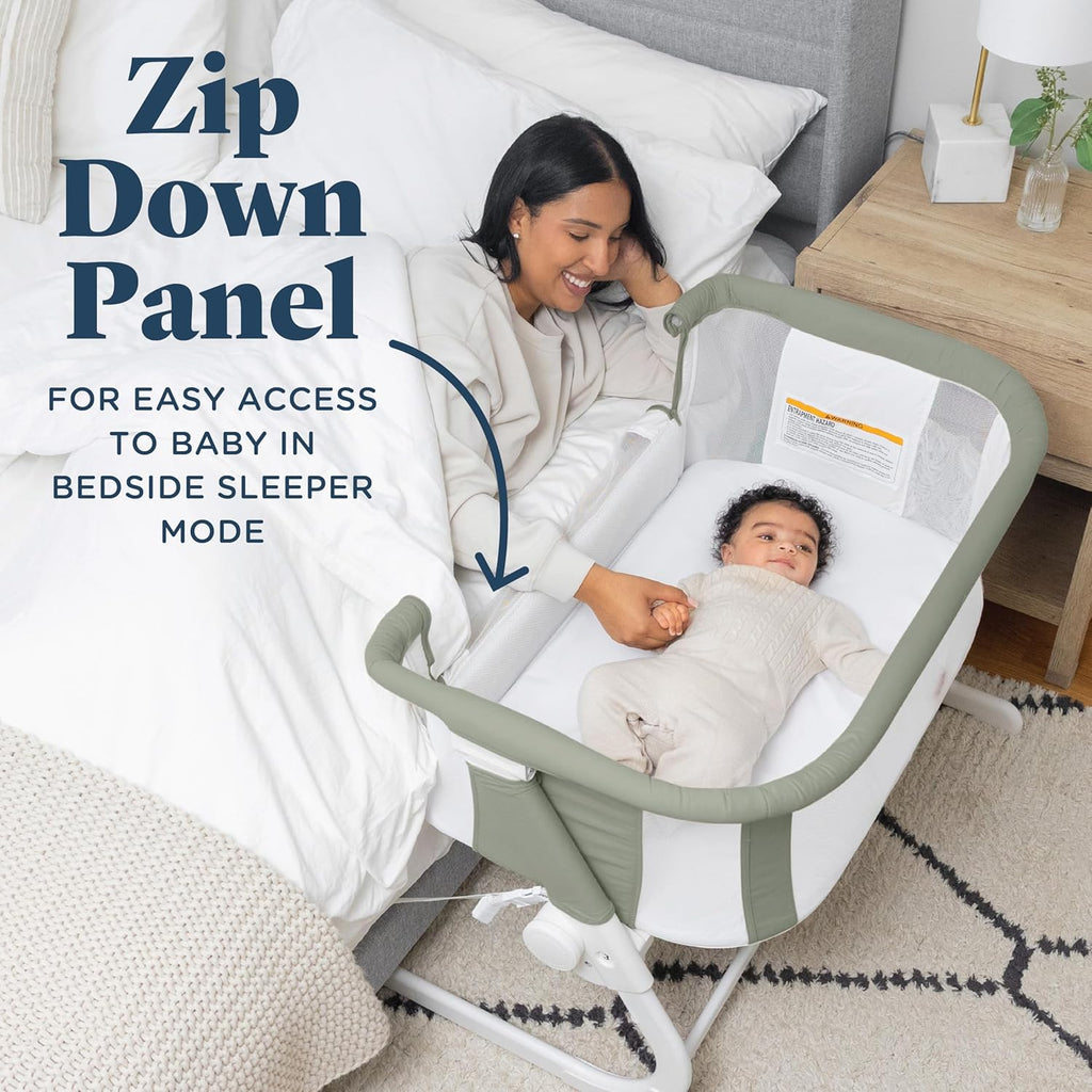 Beside MeTM Dreamer Bassinet, Organic Sage | 6-Position Height Adjustment, Mesh Wall for Air Flow & Visibility, Zip