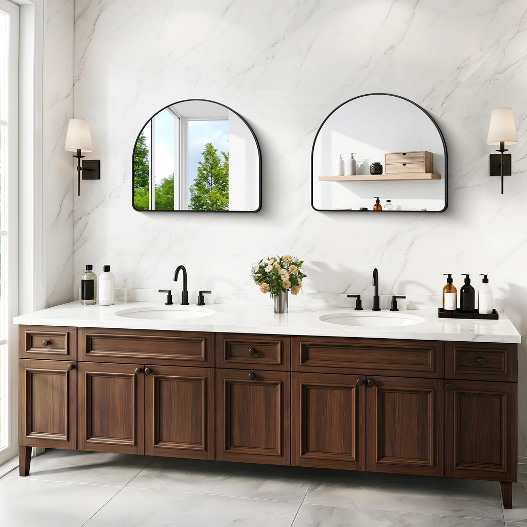 Arched Wall Mirror, 36"x30" inch Black Arched Mirror Bathroom, Vanity Mirror for Over Sink Metal Frame, Tempered Glass