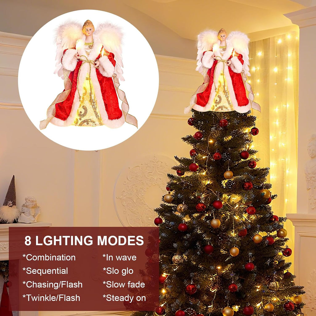 Lighted Christmas Angel Tree Topper, Holiday Tree Decoration, Red Angel